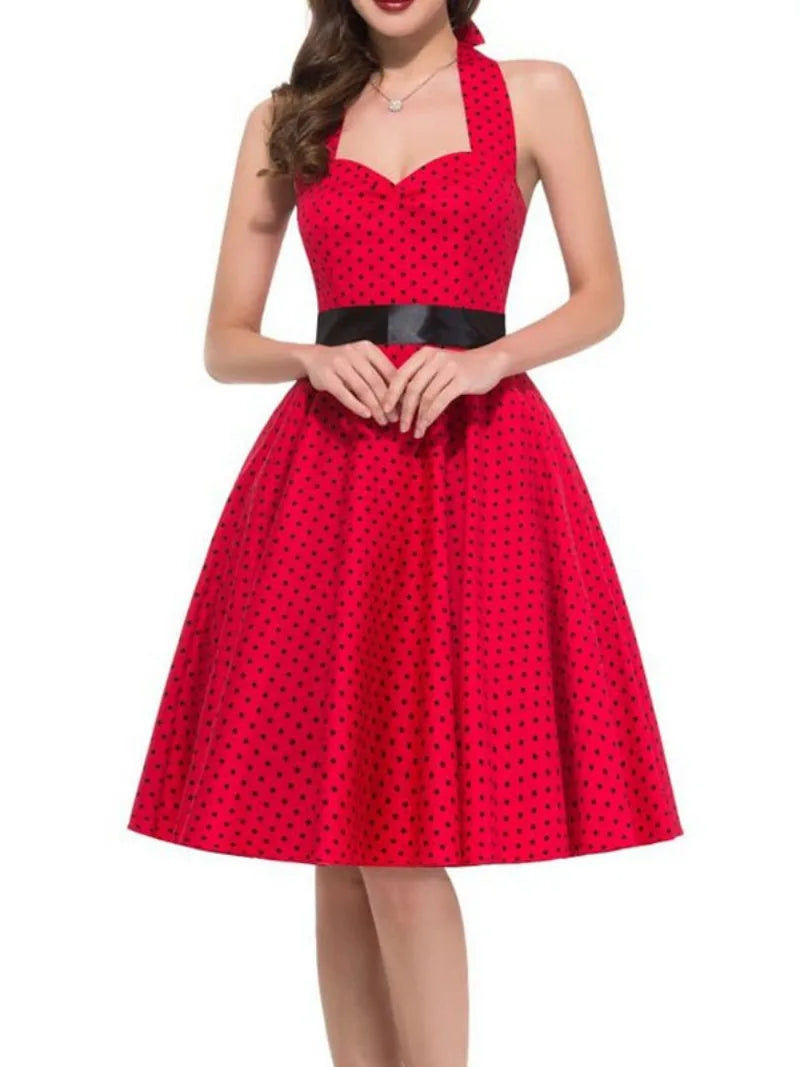 Elegant Women Pink Polka Dot Dress Summer Robe Hepburn 1950s 60s Vintage Sexy Halter Rockabilly Retro Party Dresses 2026 Vestido