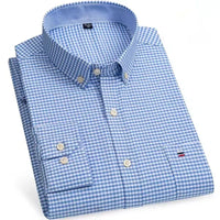 Men's Versatile Casual Checkered Oxford Cotton Shirts Single Pocket Long Sleeve Standard-fit Button Down Gingham Striped 7XL 6XL
