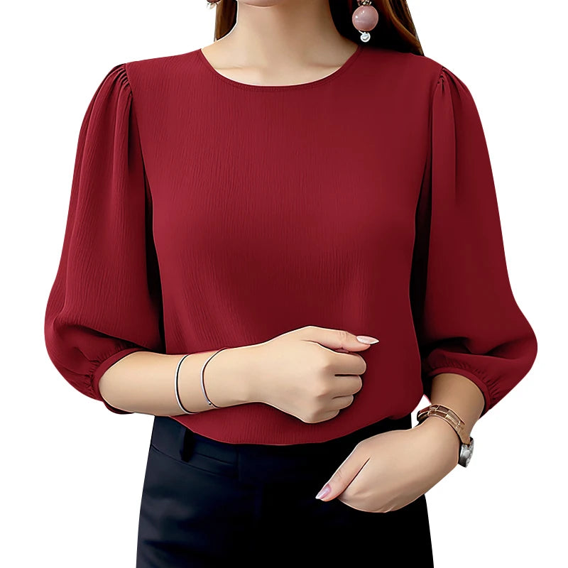 ZANZEA Women Crinkled Texture Puff Sleeve Blouse, Elegant O Neck 3/4 Sleeve Blusas Mujer, Summer Fashion Solid Color Casual Tops