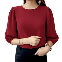 ZANZEA Women Crinkled Texture Puff Sleeve Blouse, Elegant O Neck 3/4 Sleeve Blusas Mujer, Summer Fashion Solid Color Casual Tops