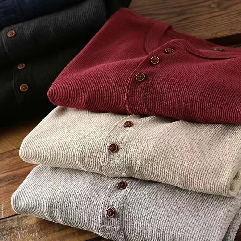 Slim Fit Mens Basic Tee Casual Tshirts Henley Waffle Long Sleeve Shirts Thermal Solid Half Button Breathable Cotton Shirts