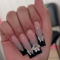 24pcs False Nails with glue flower design Long Coffin French Ballerina Fake Nails Full Cover acrylic Nail