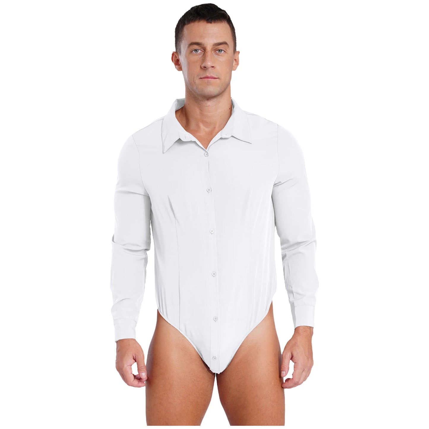Mens Button Down Easy Care Work Bodysuit Shirt Swimsuit Solid Color One-Piece Jumpsuit Turn-down Collar Long Sleeve Body Tops