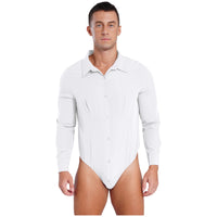 Mens Button Down Easy Care Work Bodysuit Shirt Swimsuit Solid Color One-Piece Jumpsuit Turn-down Collar Long Sleeve Body Tops