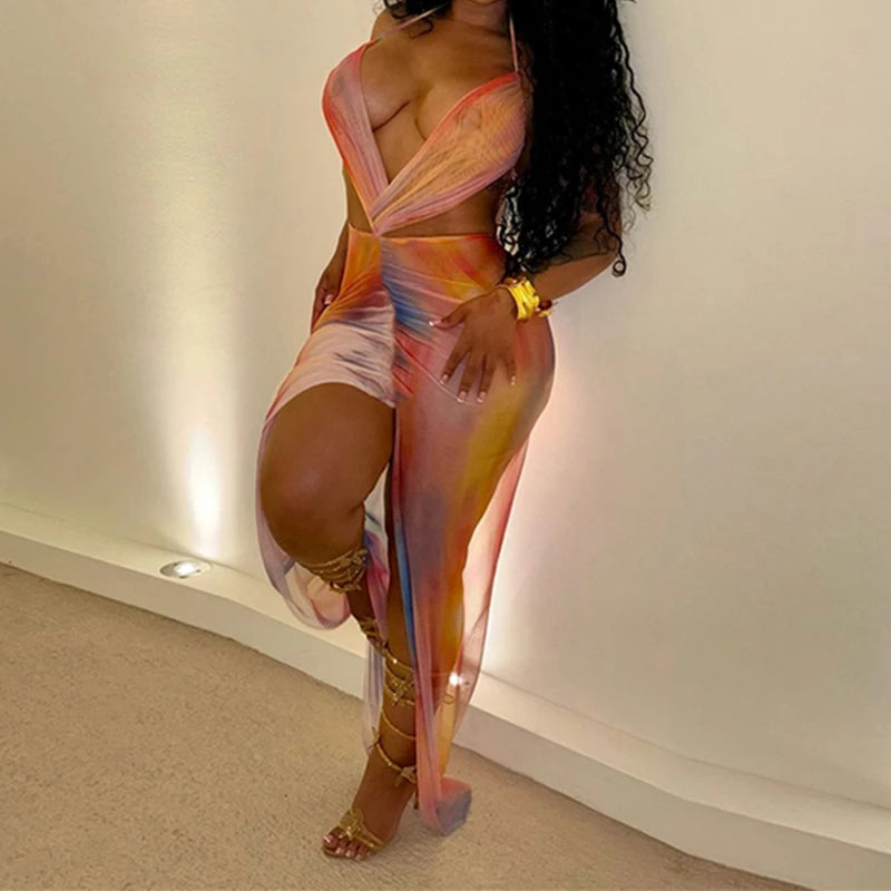 BKLD Mesh Halter Backless Multi Print See Through Sexy Long Split Dress Summer Clothes Women Fashion Vacation Beach Club Outfits