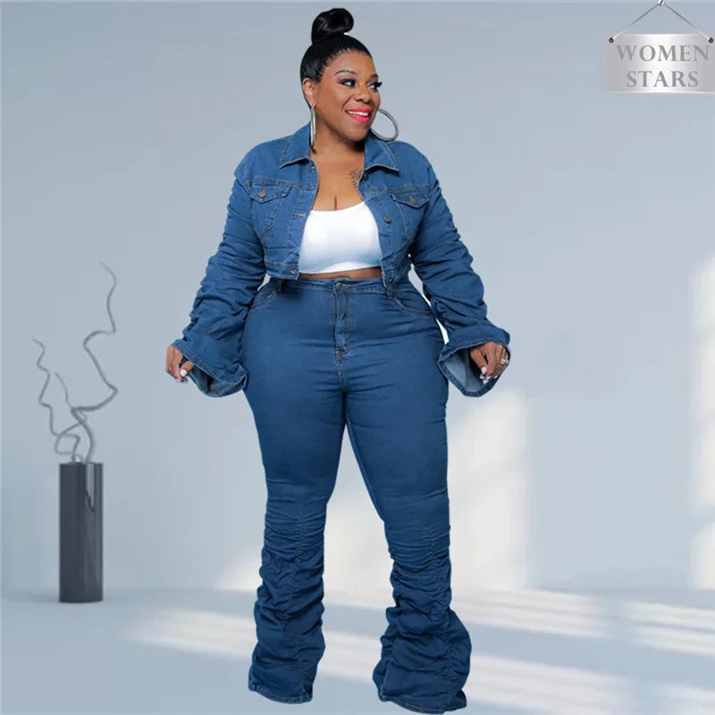 Denim Plus Size Sets Women 2 Piece Set Puff Long Sleeve Jacket Stretch Stacked Jeans Fall Winter Clothes Wholesale Dropshipping