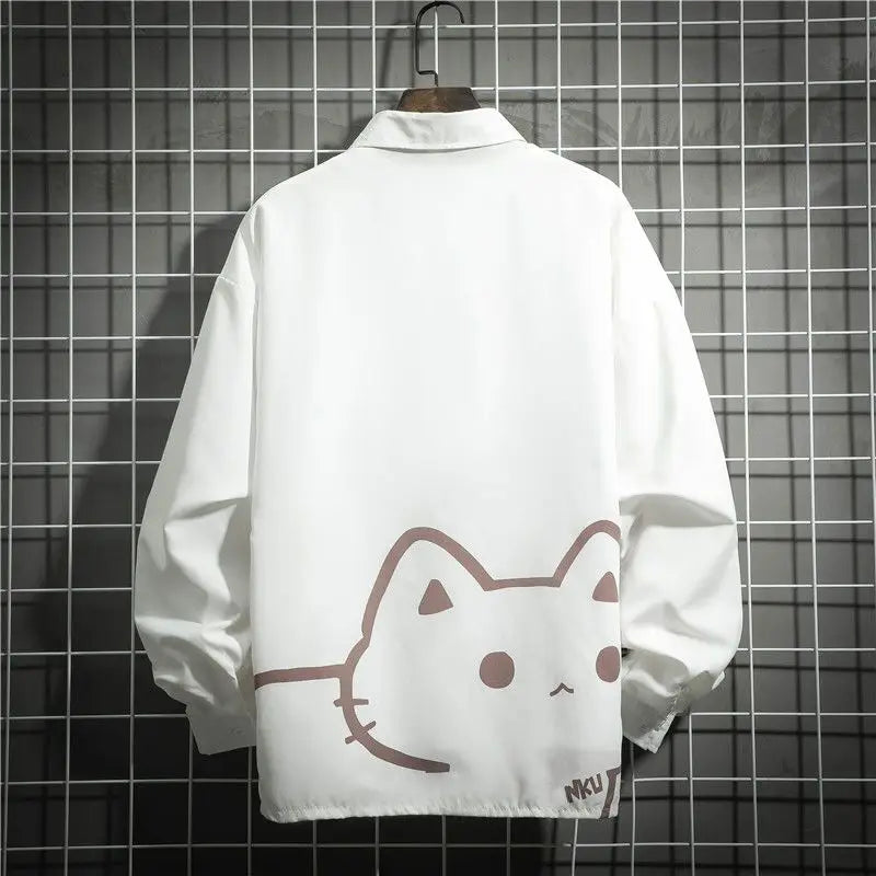 2023 New Spring and Autumn Fashion Trend Simple Polo Neck Cat Print Casual Loose Versatile Long Sleeve Shirt Unisex Couple Shirt