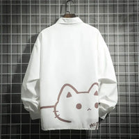 2023 New Spring and Autumn Fashion Trend Simple Polo Neck Cat Print Casual Loose Versatile Long Sleeve Shirt Unisex Couple Shirt