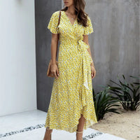 Daisy Fragmented Flowers Summer Sexy V-neck Ruffle Edge Dresses Lace Up Short Sleeve Long Commuter Elegant Fresh Sunflower Dress