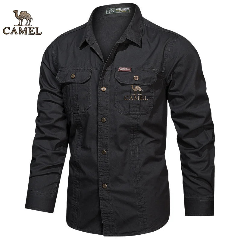 2024 Camel Authentic Emblem Spring and Autumn Season New Shirts for Men's Long sleeved Pure Cotton Casual Solid Color Shirts for