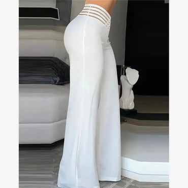 High Waist Sheer Mesh Patch Wide Leg Pants Women's Casual Trousers Polyester Long Pants Versatile Style Regular Thickness
