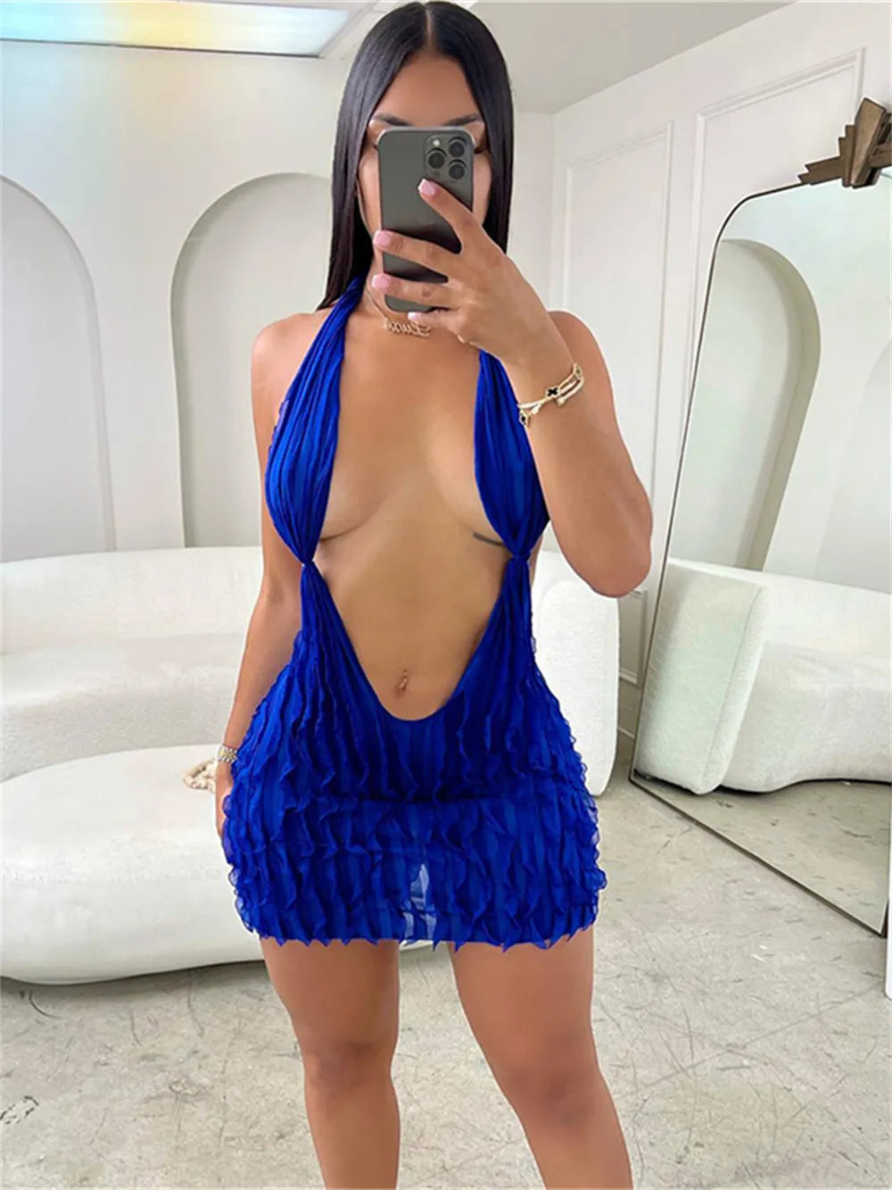 Wavy Sexy Women Short Dress Halter Backless Deep V Neck Skinny Coquette 2023 Hot Girl Midnight Party Clubwear Bodycon