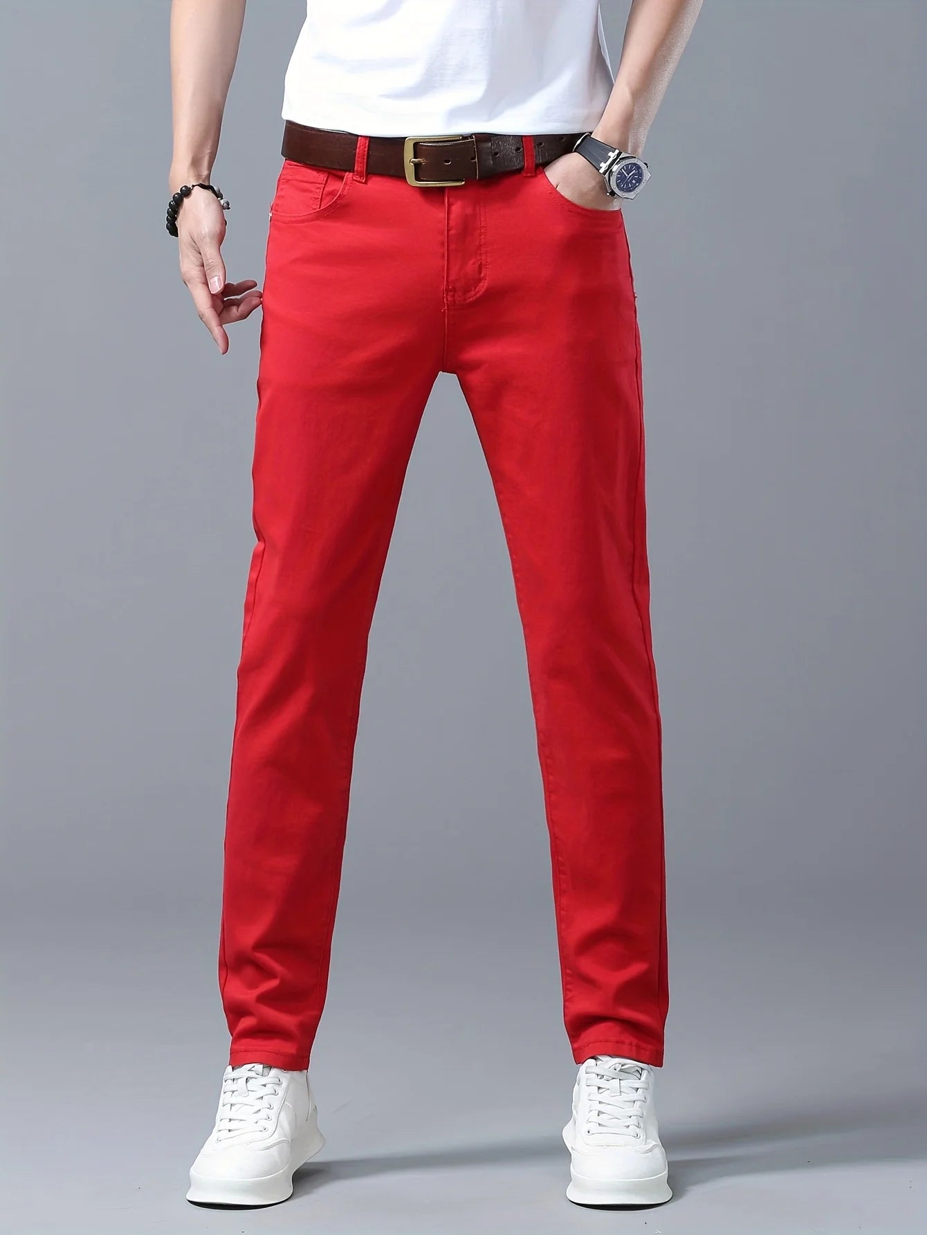 Men's Classic Red Jeans - Opaque Stretch Denim Pants, Machine Wash Suitable for Year-Round Wear - Adult Men's Clothing