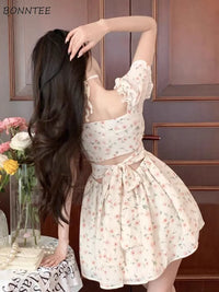 Floral Mini Dresses Women Sweet Puff Sleeve Vintage Bandage Tender Princess Korean Style Fashion Bodycon Temperament Girlish Ins