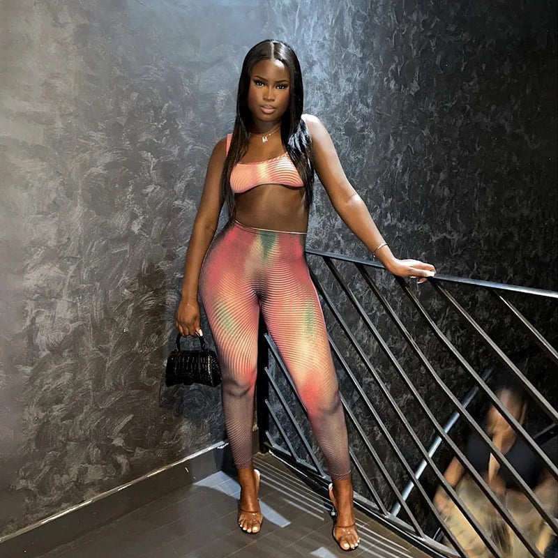 Women Sexy Tie Dye 2 Piece Set Supendency Striped Print Crop Tanks+Contast Color Matching Trousers Female Attractive Suits
