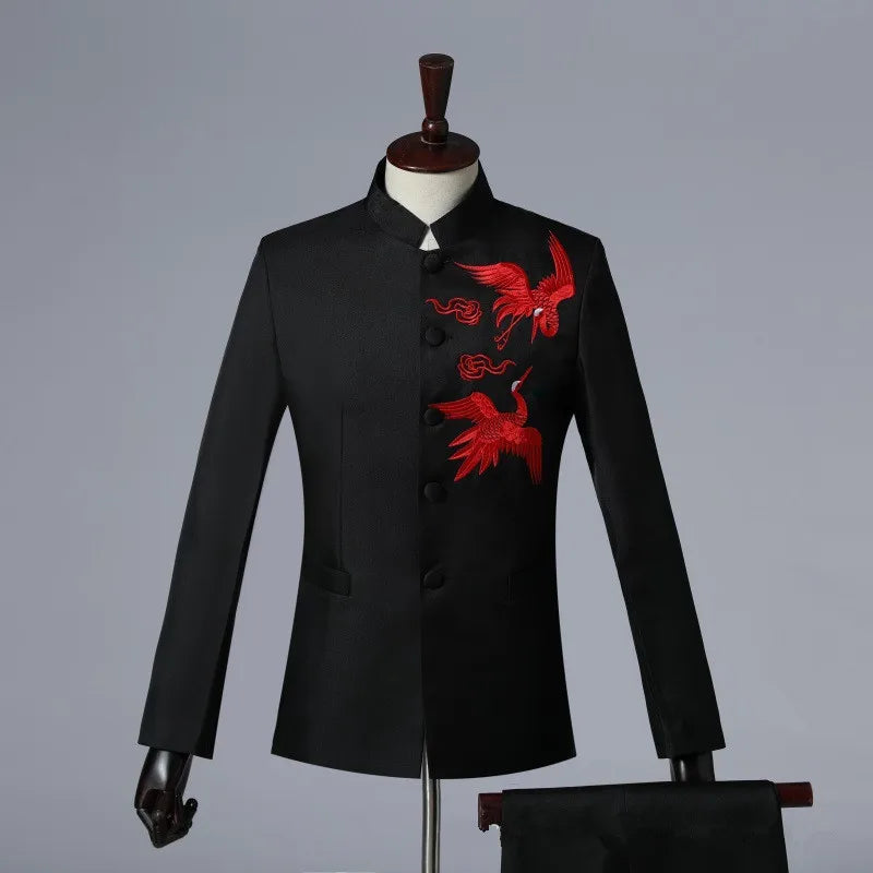 2025 New Men Chinese Style Embroidered Standing Collar Suit 2 Piece Fashion Homme Wedding Prom Party Performance Blazer and Pant