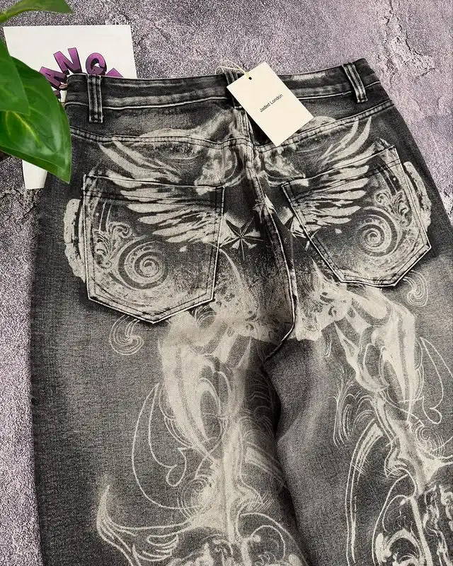 2000s washing old vintage printed jeans men gothic trend loose pants super large washing hip hop fashion wide pants