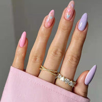 24pcs/Box Fresh Floral Almond False Nails Press On Nails Detachable Fake Nail Tip Purple with Design Manicure Patches