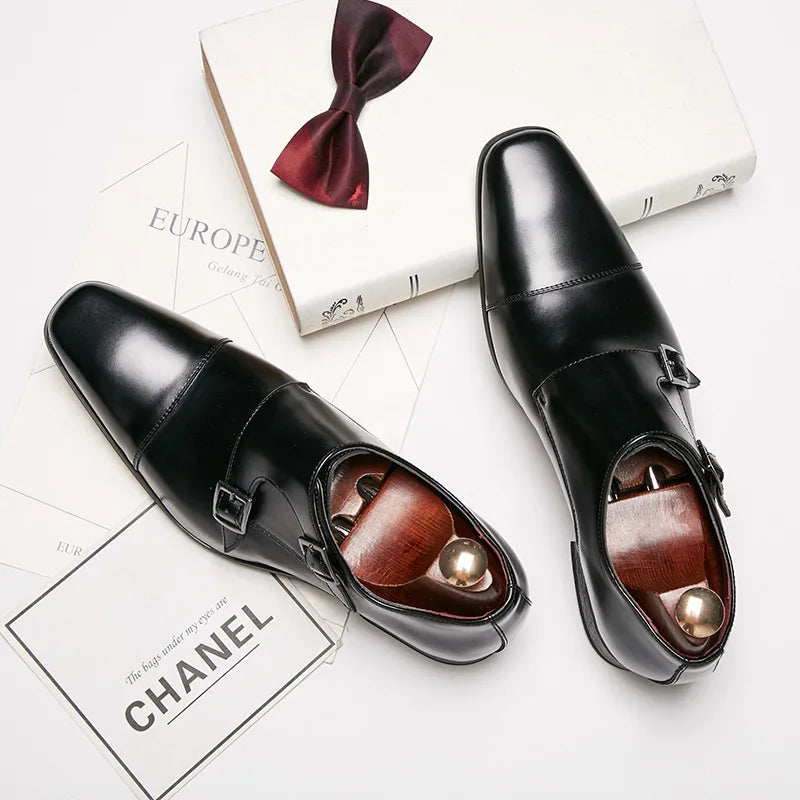 Leather Men Dress Shoes Loafers 2022 New Double Strap Buckles Designer Casual Leather Shoes for Men Business Formal Wedding Shoe