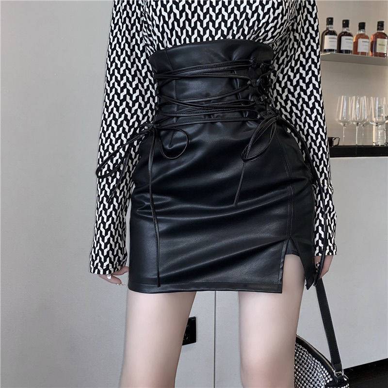 Lace-up High Waist PU Leather Mini Skirt Nightclub Sexy Personality Europe and America Fashion Women's Clothing 2022