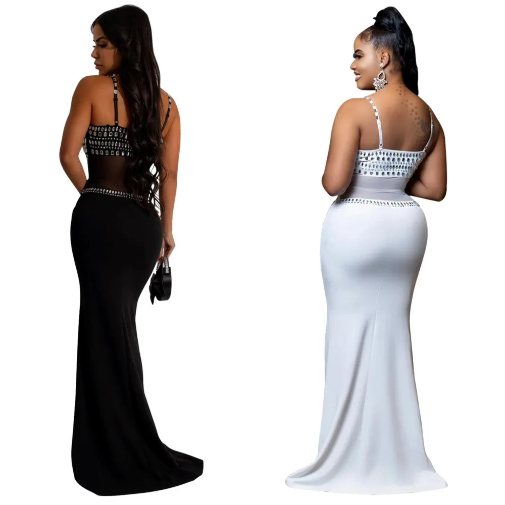 Fashion Women's Hot Diamond Mesh Dresses Summer New Sexy Transparent Lace Party Elegant Female Maxi Dress 2025