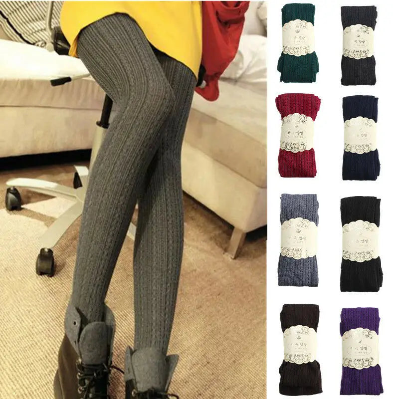 Women Autumn Winter Pantyhose Cotton Knitted Stocking Candy Color Chunky Ribbed Knitted Leggings Warm Twist Striped Tights