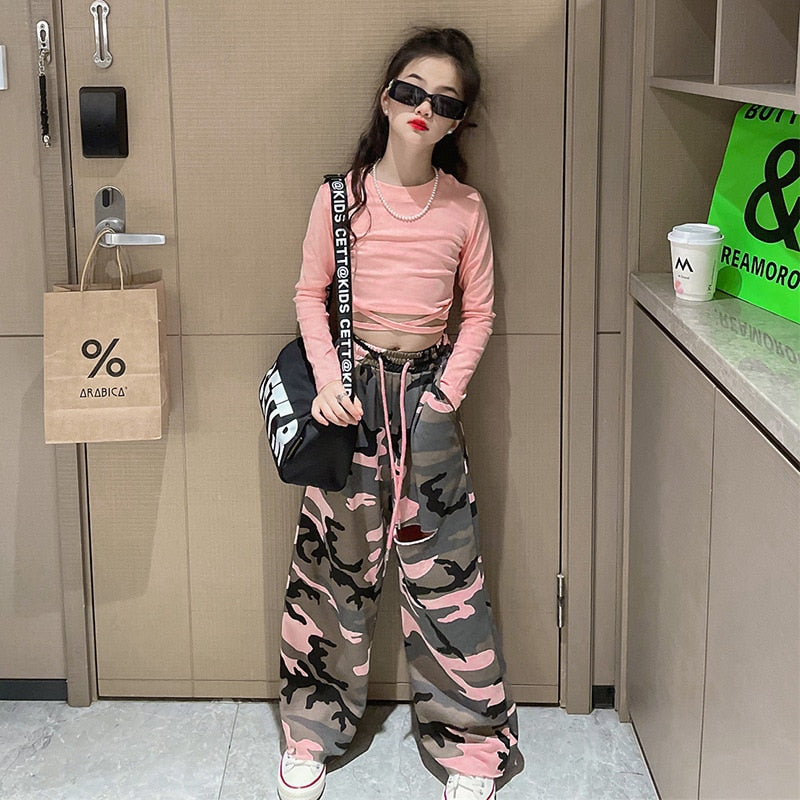Girls Set Slim Tops Ripped Camouflage Pants Dance Two Piece Autumn Teenager Kids Sportswear 12 13 14 Years Children's Clothing