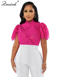 Znaiml Elegant Short Sleeve Hollow Out Mesh Lace T-shirt Sheer See Through Crop Top Women Summer Sexy Nightclub Party Blouses