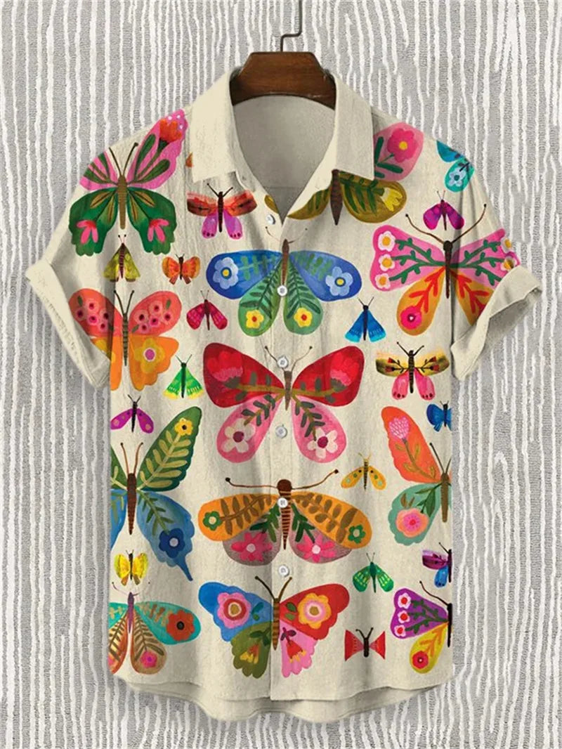 Summer fashion new printed shirt men's short sleeved shirt bird print street casual men's oversized top