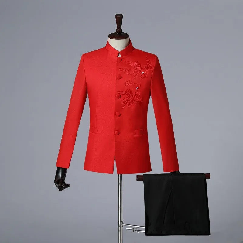2025 New Men Chinese Style Embroidered Standing Collar Suit 2 Piece Fashion Homme Wedding Prom Party Performance Blazer and Pant