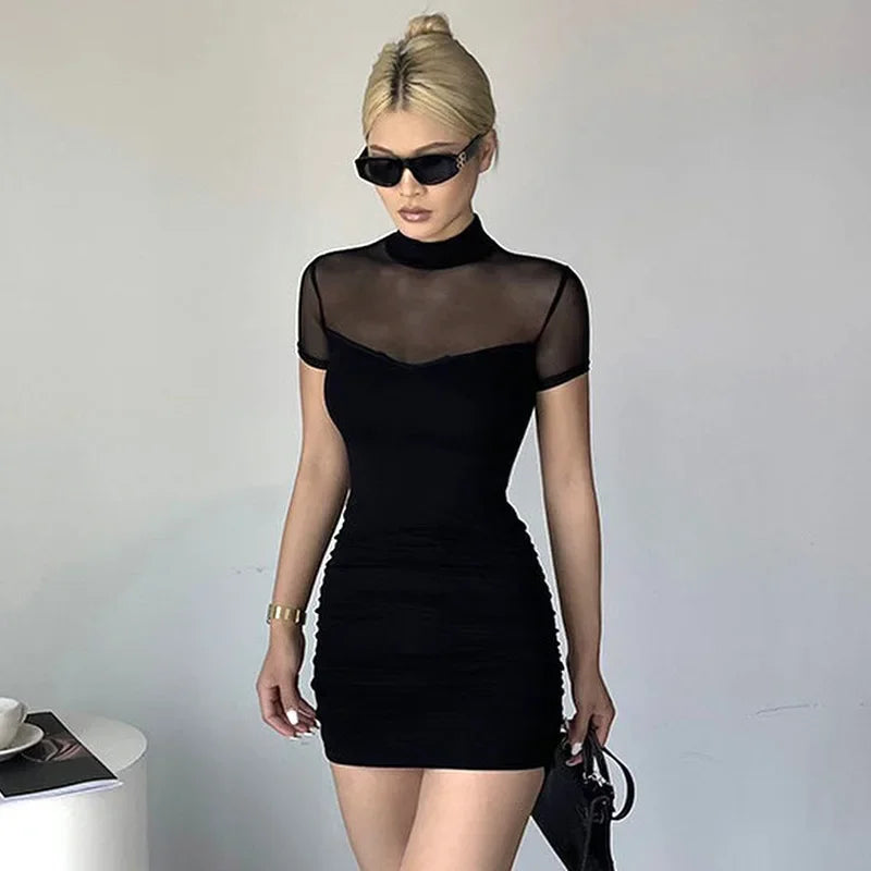 Sexy Pure Color Mesh Splice Design Halter Neck Sleeveless Dress Mini Skirt Length Q23DS261 for Women New Summer Style