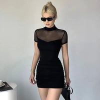 Sexy Pure Color Mesh Splice Design Halter Neck Sleeveless Dress Mini Skirt Length Q23DS261 for Women New Summer Style