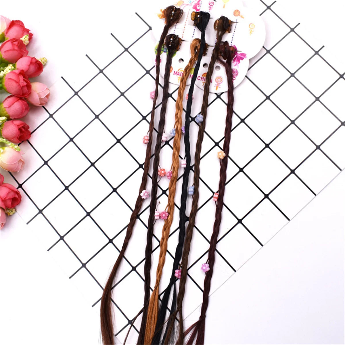 6Pcs/Set Colorful Braids Hair Extensions with Hair Clips Girls Rainbow Braided Ponytail Hairpieces Hair Accessories for Kids