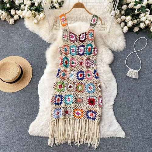 Chic Tassels Crochet Hollow Sleeveless Slip Dress Floral Bohemia Casual Beach Vacation Sundress Women Sexy Y2k Summer Vestidos