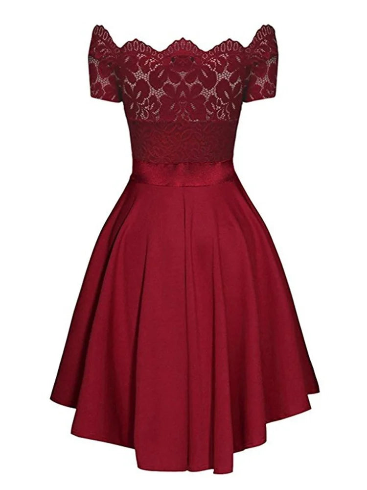 2023 Elegant Red Lace Dress Women Patchwork Slash Neck Short Sleeve Sashes Tunic Dress Summer Ladies Sexy Evening Party Dresses 2023 Elegant Red Lace Dress Women Patchwork Slash Neck Short Sleeve Sashes Tunic Dress Summer Ladies Sexy Evening Party Dresses