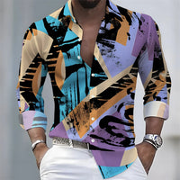 European and American style color-blocked geometric abstract print men's long-sleeved shirt, versatile top for spring and autumn