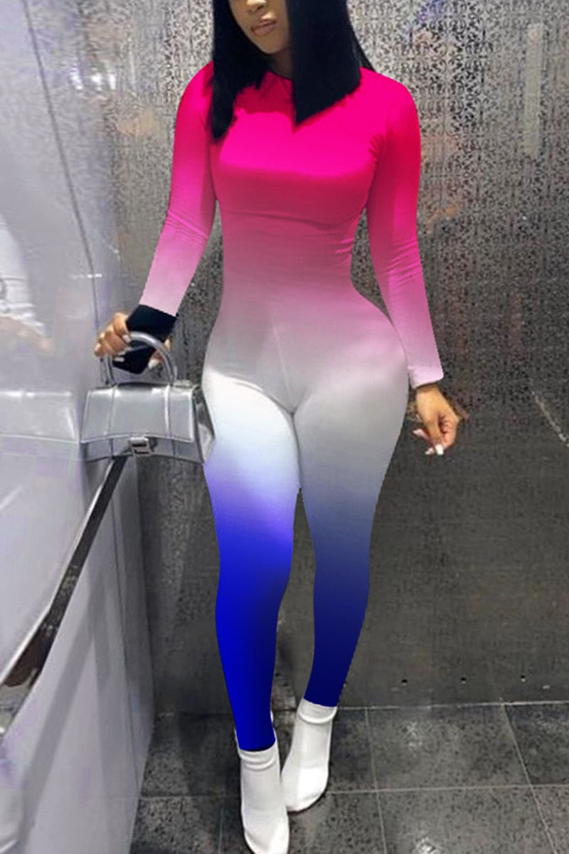 Skinny Long Sleeve Print Patchwork Skinny Fluorescent Jumpsuit Women New Sporty Wear Long Pant Jumpsuits S-XL