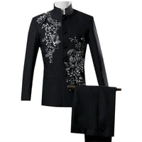 New Men Luxury Decal Suits Black / Red / Blue / White Fashion Singer Host Stage Performance Splicing Flower Blazers and Pants
