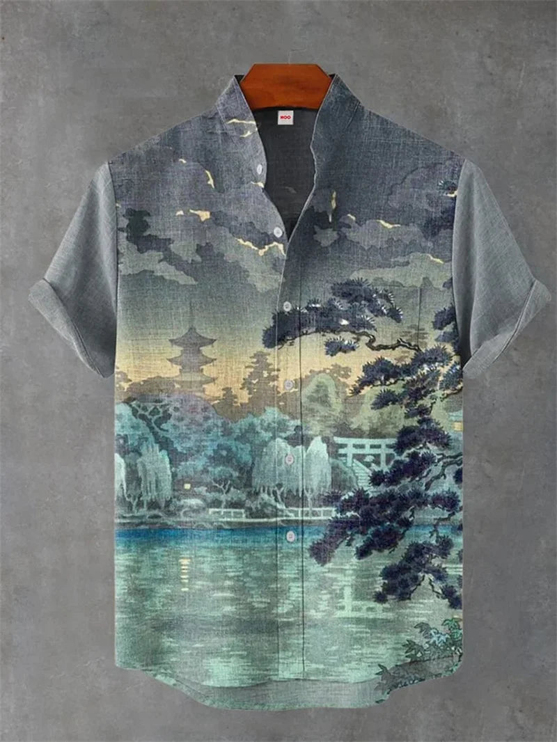 2025 3D Printed Linen Shirt Summer Casual Men's Button Short Sleeved Top Street Fashion Retro Shirt Roupa Masculina