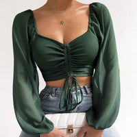 Sexy Mesh Lantern Sleeves Drawstring Wrap Chest Bare Midriff T Shirt Women Long Sleeves Bottoming Shirt Ladies Tee Shirt Tops
