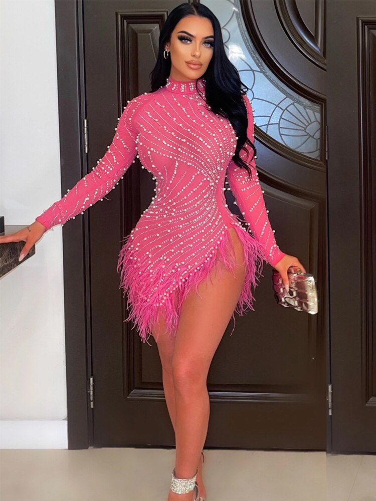 Sexy Glitter Dress Women Rhinestone Hot Drilling Long Sleeve Dress Mesh See Through Tassels Bodycon Party Club Night Mini Dress