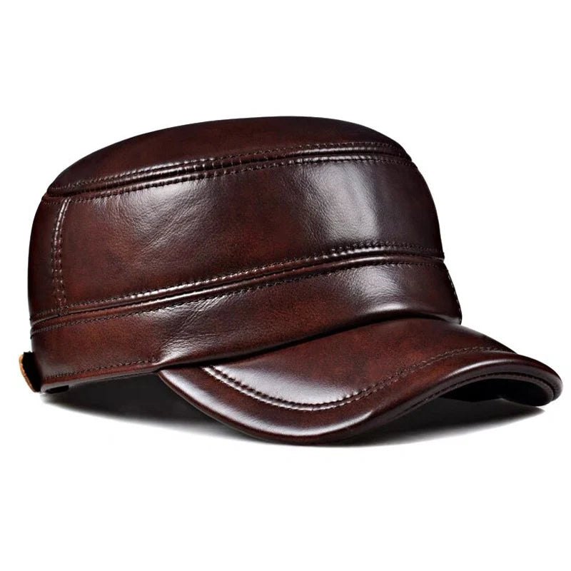 Winter Genuine Leather Cap Men's Flat Caps  Military Hat Elegant Man Baseball Cap British Vintage Cowhide Ear Warm Hat