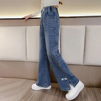 Jeans for Girls 2024 New Fashion Cartoon Printed Long Denim Trousers Teens Kids Cute Dog Pattern Wide Leg Pants 5 7 9 11 13 14Y