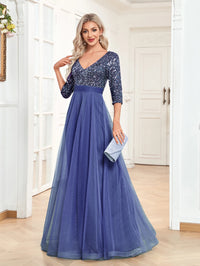 XUIBOL Elegant V-Neck Long Sequin Blue Evening Dress 2023 Women Mermaid Formal Dress Long Sleeves Wedding Party Maxi Prom Dress