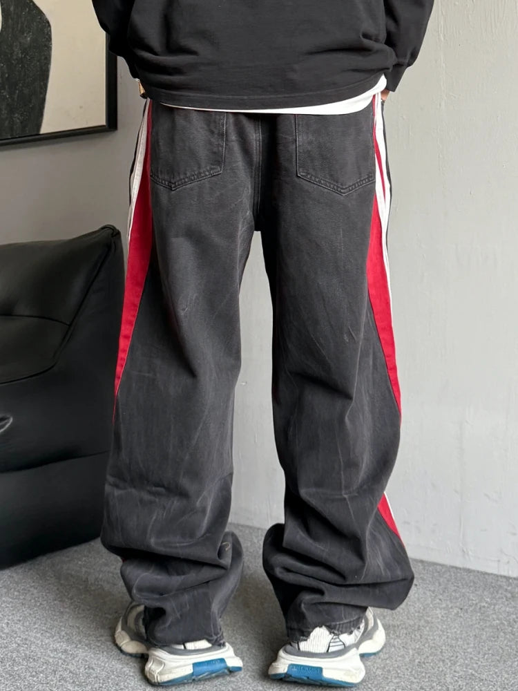 Korean Popular Clothes Hip Hop Baggy Jeans For Men Trendy Patchwork Black Jeans Streetwear Skateboard Striped Pants Trousers