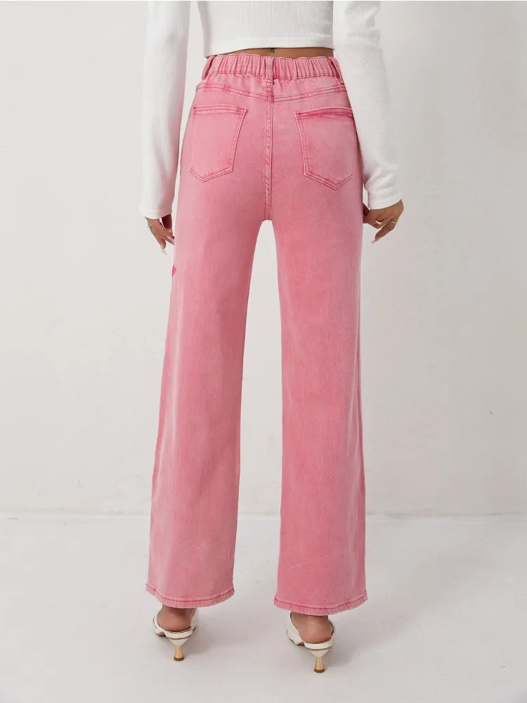 Women's Pink Jeans Star Print Flared High Waist Denim Trousers Stylish and Comfortable Outfit Option