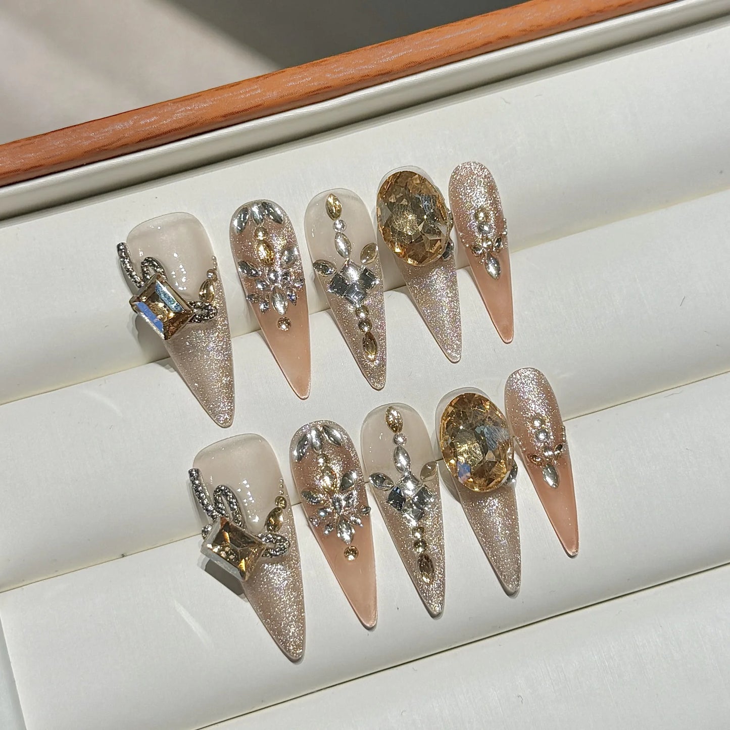 10pcs Luxury Handmade False Nail Y2k Glitter Pink Blue French Style Press On Nails Shiny Diamond Metal Butterfly Decor Fake Nail