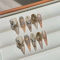 10pcs Luxury Handmade False Nail Y2k Glitter Pink Blue French Style Press On Nails Shiny Diamond Metal Butterfly Decor Fake Nail