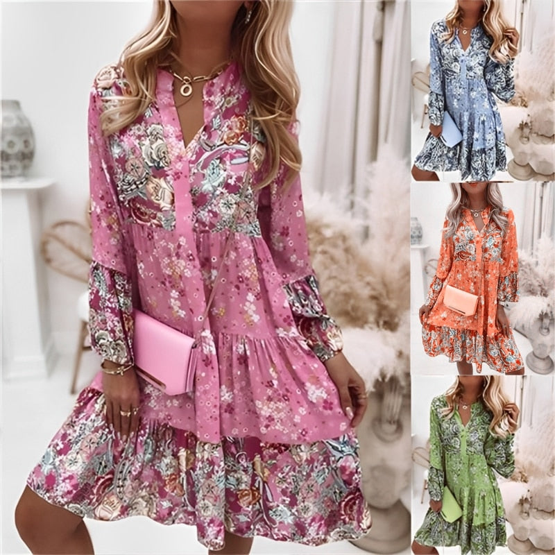 Elegant Beach Floral Print Women Dress Bohimian Loose Flare Sleeve Casual V Neck Dress Ladies Summer Fashion Patchwork Clothing