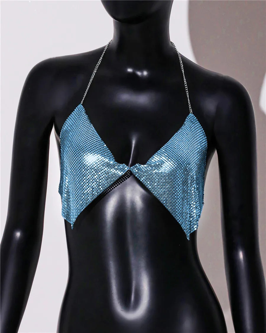 AKYZO Fashion Metal Sequins Camisole Summer Women Backless Halter Neck Off The Shoulder Crop Top Rave Vocal Concert Tank Top